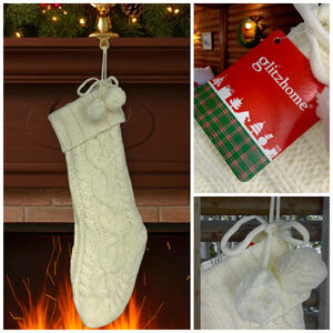 NEW Ivory Cable Knit Christmas Stocking Large 24" Lined Pom Poms Glitzhome NWT